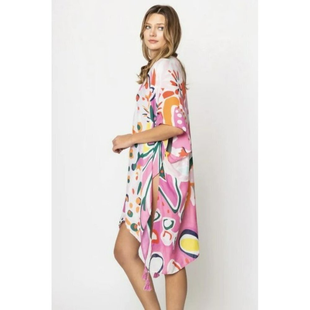 Tropical Floral Print Open Front Kimono with Tassel Fringe - Picture 1 of 7